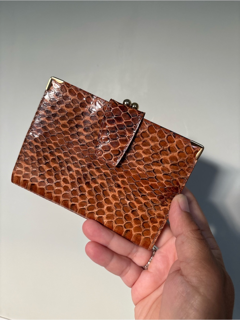 Vintage Cognac Snakeskin Wallet | Mid-Century Kiss-Lock Coin Purse & Bifold